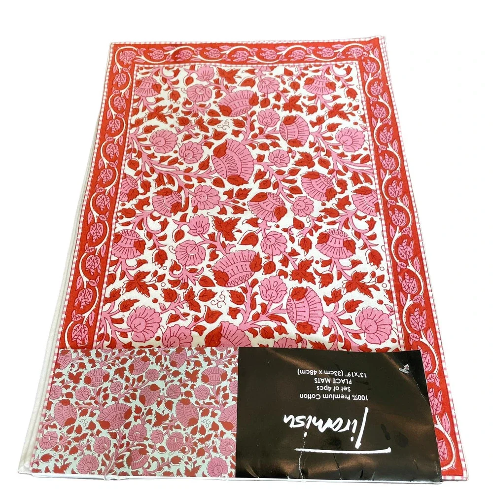 Tiramisu Pink & Red Floral Premium Cotton Placemats 13x19 Set of 4 New